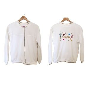 Vintage Jacket Embroidered Tennis White Gold Retro Medium